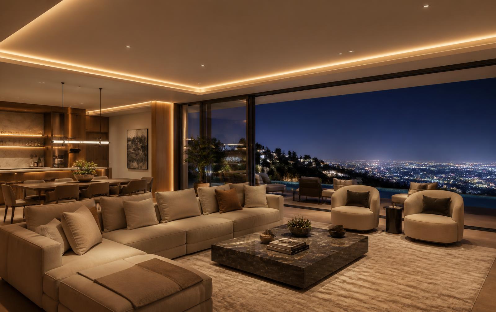 Luxury Los Angeles hillside home interior with designer recessed and cove lighting at night