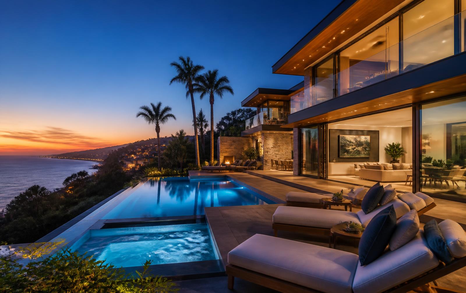 Luxury coastal San Diego home at dusk with warm architectural lighting and infinity pool