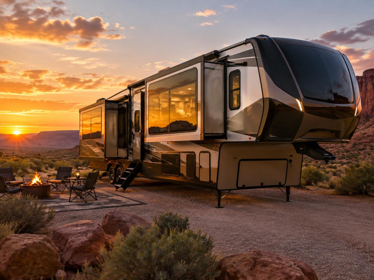 Luxury fifth wheel trailer with slide-outs at a desert campsite at sunset