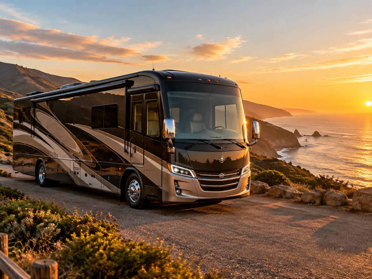 Luxury Class A motorhome parked at a coastal California overlook at sunset