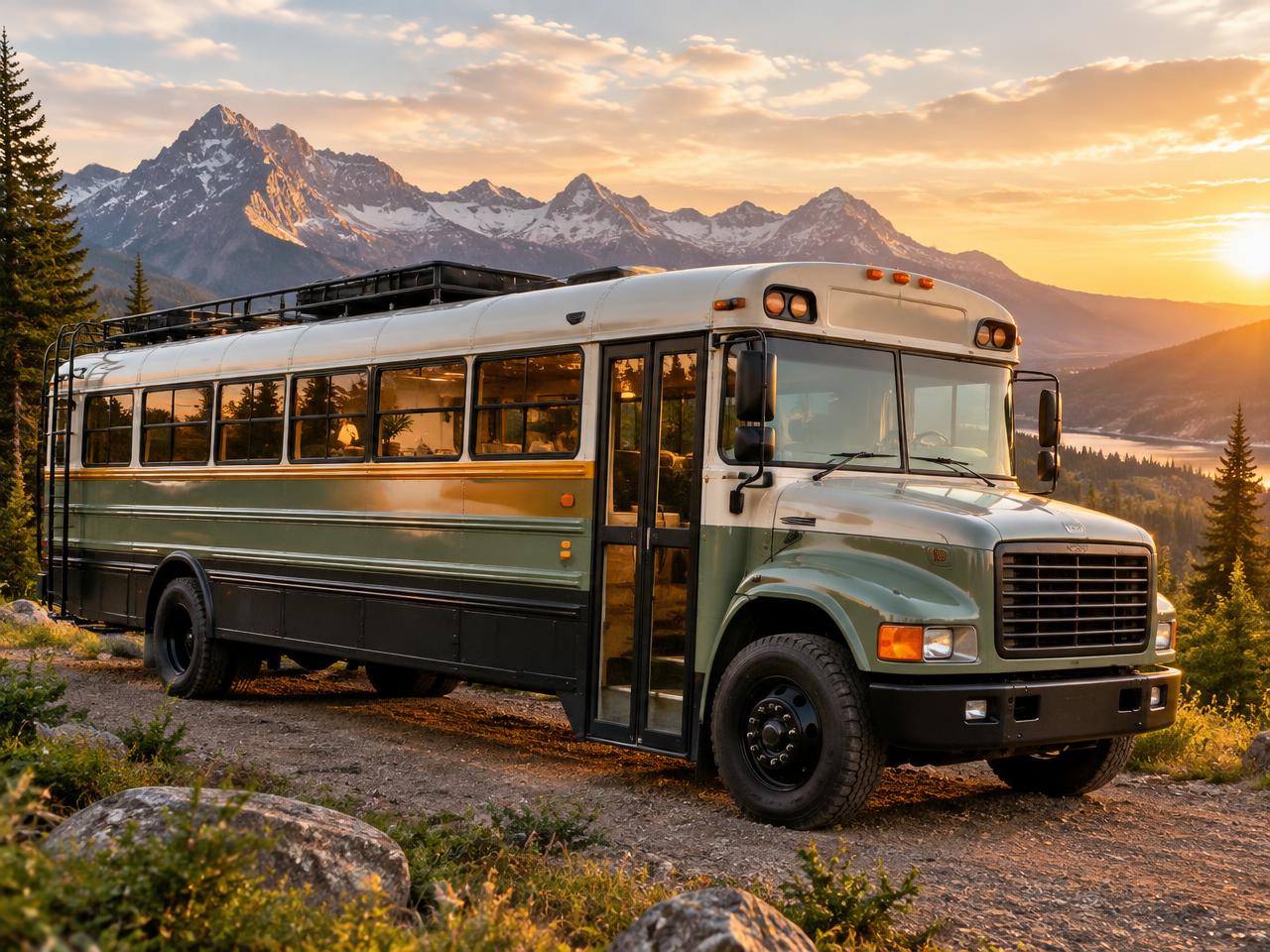 Skoolie school bus conversion parked in a mountain landscape at golden hour