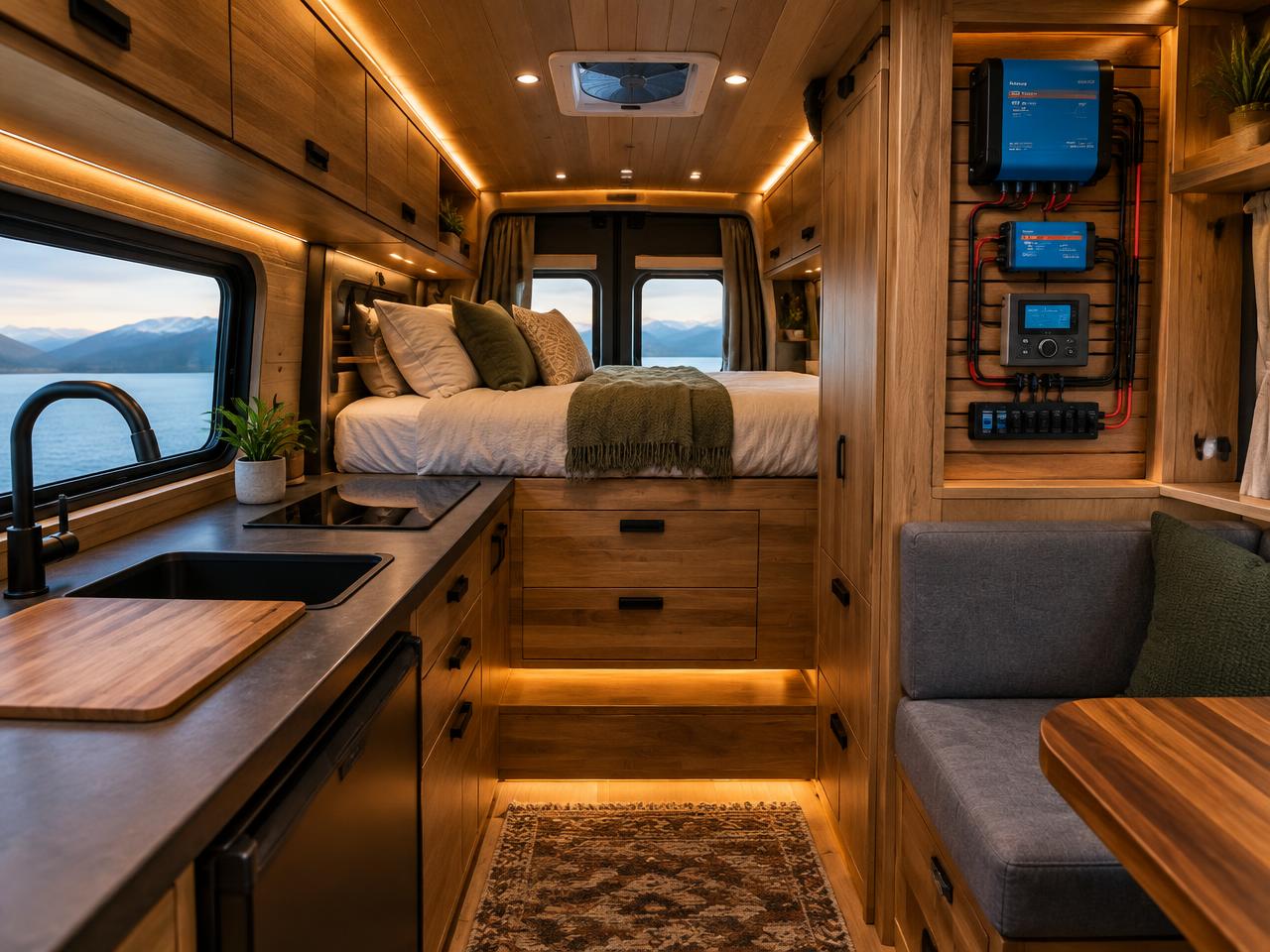 Custom camper van conversion interior with wood cabinetry and a Victron electrical system